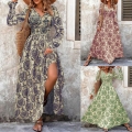 Women's Vintage Damask Print V-Neck Maxi Dress Long Sleeve Bohemian High Waist A-Line Long Dress Elegant Vacation Party Clothing