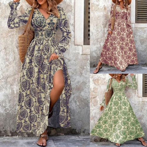 Women's Vintage Damask Print V-Neck Maxi Dress Long Sleeve Bohemian High Waist A-Line Long Dress Elegant Vacation Party Clothing