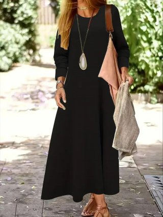 Women's Casual Long Sleeve Maxi Dress Round Neck Loose Fit Solid Color Polyester Spandex Autumn Winter Long Gown For Women Daily Streetwear