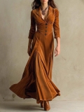 Elegant Velvet V Neck Maxi Dress Long Sleeve Button Front High Waist Slimming Big Swing Retro Party Evening Gown For Women