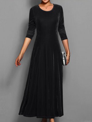 Women Elegant Solid Color Velvet Maxi Dress Retro Round Neck Long Sleeve Slim Fit A-Line Long Dress For Party Dating Casual Wear