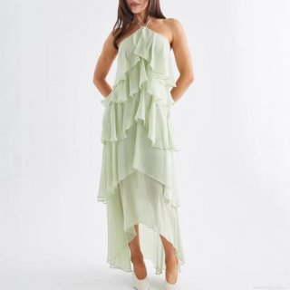 Women's Elegant Halter Neck Layered Ruffle Maxi Dress Sexy Backless Chiffon Tiered Cake Dress For Summer Vacation Party Evening Wear