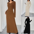 Women's Elegant V-Neck Single-Breasted Ribbed Knit Maxi Dress Long Sleeve Solid Color Slim Fit Knitted Long Skirt for Autumn Winter