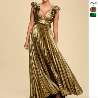 Women's Metallic Backless Pleated Maxi Dress Sexy Deep V-Neck Cross Tie Ruffle Strap Polyester Long Dress For Party Evening Clubwear Solid Color High Waist Elegant Lady Gown