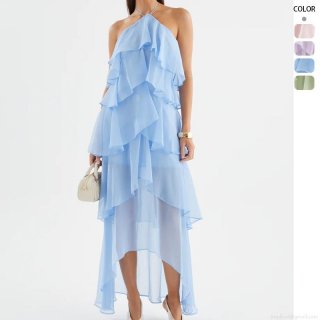 French Style Halter Maxi Dress 925 Polyester Chiffon Ruffle Tiered Beach Dress Sleeveless High Low Hem Backless Resort Party Dress For Women