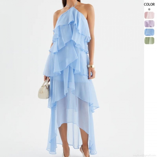 French Style Halter Maxi Dress 925 Polyester Chiffon Ruffle Tiered Beach Dress Sleeveless High Low Hem Backless Resort Party Dress For Women