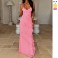 Women Sexy Backless Maxi Dress Ruffled V Neck Camisole Slim Fit Side Slit Long Dress For Summer Beach Party Vacation Clubwear