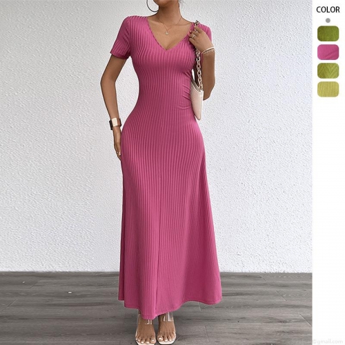Women Sexy Deep V-Neck Short Sleeve Maxi Dress Ribbed Knit Wavy Texture High Waist Slim Fit Solid Color Long Dresses For Summer Vacation