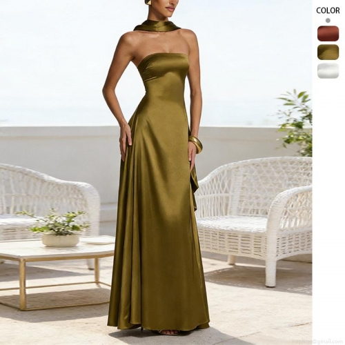 Elegant Women Strapless Satin Maxi Dress With Matching Neck Scarf Sexy Backless High Waist A-Line Long Evening Gown For Wedding Party Occasion