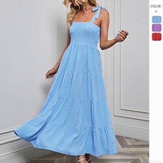 Women Sexy Smocked Tiered Maxi Dress Summer Swiss Dot Polyester Jacquard Dress Tie-up Ribbon Straps Boho Beach Vacation Ruffle Party Dress