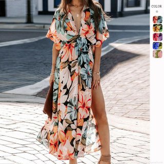 Women's Summer Bohemian Floral Print Maxi Dress Deep V-Neck High Slit Batwing Sleeve Elastic Waist Polyester Vacation Beach Long Dress