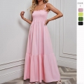 Women Summer Sexy Smocked Maxi Dress Tie Strap Sleeveless Backless Tiered Long Dress For Beach Vacation Bohemian Solid Color Polyester Sundress