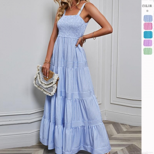 Women's Sexy Stripe Sleeveless Strappy Smocked Tiered Maxi Dress Elegant Resort Style Polyester Summer Sundress