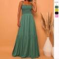 Women's Sexy Cami Smocked Maxi Dress Solid Color Tiered Ruffle Flowy Summer Vacation Retro Bohemian Elegant Long Dress
