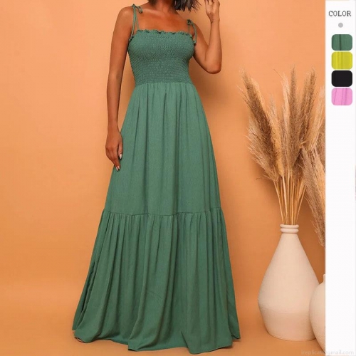 Women's Sexy Cami Smocked Maxi Dress Solid Color Tiered Ruffle Flowy Summer Vacation Retro Bohemian Elegant Long Dress