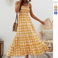 Women's Bohemian Gingham Tiered Cami Maxi Dress Summer Smocked Waist Plaid A-Line Beach Long Dress Polyester