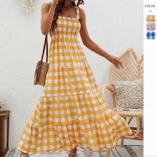 Women's Bohemian Gingham Tiered Cami Maxi Dress Summer Smocked Waist Plaid A-Line Beach Long Dress Polyester