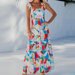 Women's Bohemian Geometric Print Spaghetti Strap Maxi Dress Tie Shoulder Smocked Tiered Long Summer Beach Vacation Dress Multicolor Polyester Dress