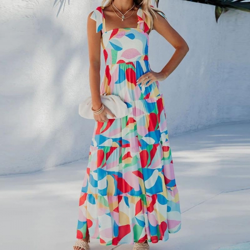 Women's Bohemian Geometric Print Spaghetti Strap Maxi Dress Tie Shoulder Smocked Tiered Long Summer Beach Vacation Dress Multicolor Polyester Dress