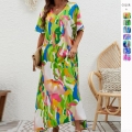 Women's Summer Maxi Dress Polyester V-Neck Abstract Print Loose Short Sleeve Bohemian Style Beach Vacation Long Dresses