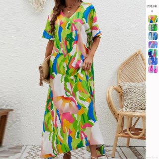 Women's Summer Maxi Dress Polyester V-Neck Abstract Print Loose Short Sleeve Bohemian Style Beach Vacation Long Dresses