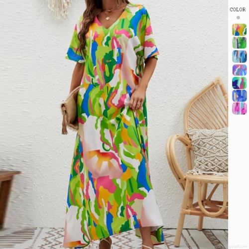 Women's Summer Maxi Dress Polyester V-Neck Abstract Print Loose Short Sleeve Bohemian Style Beach Vacation Long Dresses