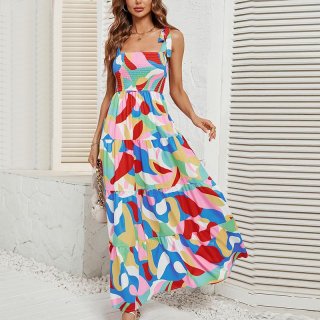 Women's Boho Spaghetti Strap Maxi Dress Polyester Abstract Print Tiered Cake Skirt Smocked Bust Sexy Backless Vacation Sundress