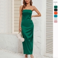 Women's Satin Strapless Maxi Dress Sexy Backless Ruched Bodycon Evening Party Long Tube Dress Elegant Wedding Guest Summer Formal Dress