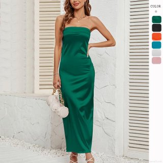 Women's Satin Strapless Maxi Dress Sexy Backless Ruched Bodycon Evening Party Long Tube Dress Elegant Wedding Guest Summer Formal Dress