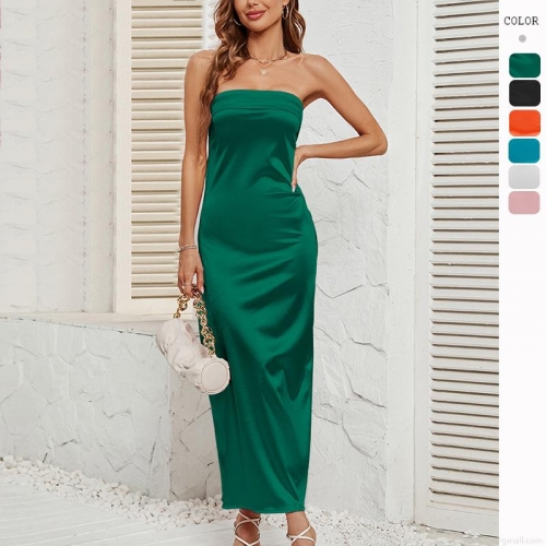 Women's Satin Strapless Maxi Dress Sexy Backless Ruched Bodycon Evening Party Long Tube Dress Elegant Wedding Guest Summer Formal Dress