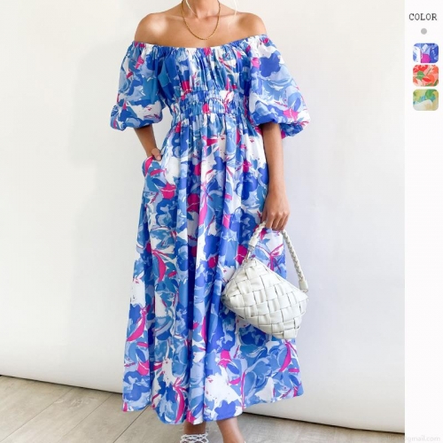Women's Summer Bohemian Floral Print Maxi Dress 100% Polyester Square Neck Puff Sleeve Smocked Waist Long A-Line Skirt For Vacation Beach Holiday Party Lady