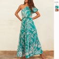 Women's One Shoulder Floral Maxi Dress Polyester Summer Resort Tiered A-Line Long Dress With Drawstring Waist Tropical Print Bohemian Elegant Style For Holiday Beach Party Ladies Clothing