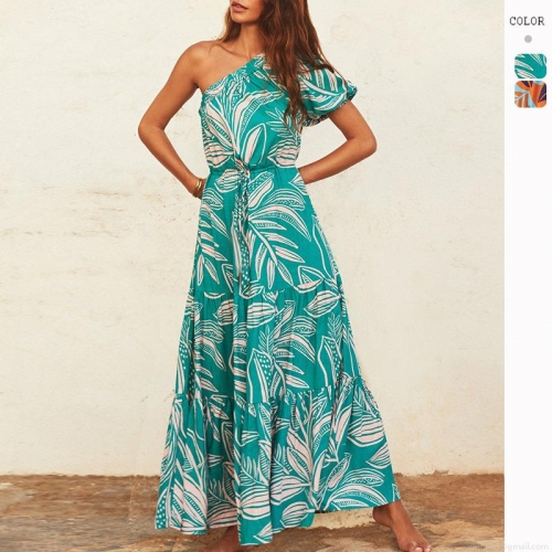 Women's One Shoulder Floral Maxi Dress Polyester Summer Resort Tiered A-Line Long Dress With Drawstring Waist Tropical Print Bohemian Elegant Style For Holiday Beach Party Ladies Clothing