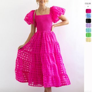 Women's Off Shoulder Puff Sleeve Tiered Maxi Dress Textured Grid Smocked Bodice Summer Casual Flowy Cake Dress for Vacation Party