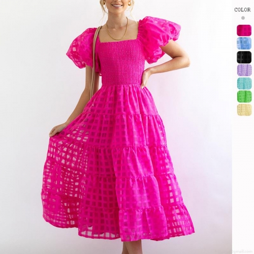Women's Off Shoulder Puff Sleeve Tiered Maxi Dress Textured Grid Smocked Bodice Summer Casual Flowy Cake Dress for Vacation Party