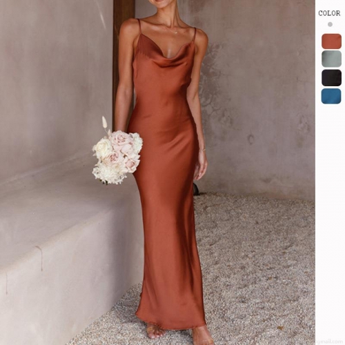 Women's Elegant Satin Slip Dress Sexy Cowl Neck Backless Bodycon Maxi Dress For Evening Party Wedding Guest Solid Color Polyester Long Dress