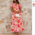 Women's Elegant Floral Print Maxi Dress 100% Polyester V-Neck Puff Sleeve Backless Cut-out Vacation Summer A-Line Beach Long Dress