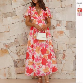 Women's Elegant Floral Print Maxi Dress 100% Polyester V-Neck Puff Sleeve Backless Cut-out Vacation Summer A-Line Beach Long Dress
