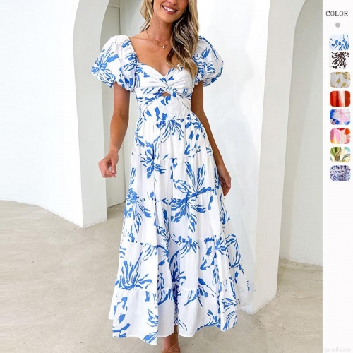Elegant Women Floral Print Maxi Dress Puff Sleeve V-Neck Cutout Waist Tiered Bohemian Vacation Party Long Dress Polyester Fabric