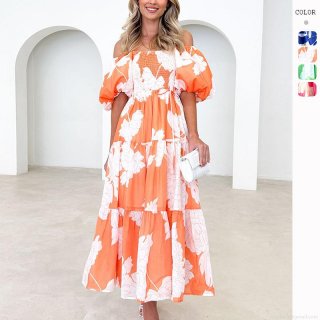 Women's Elegant Floral Print Off-Shoulder Maxi Dress Puff Sleeve Smocked Tiered Long Dress Summer Beach Vacation Party Outfits Polyester A-Line Gown