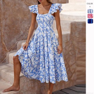 Bohemian Floral Print Maxi Dress Polyester Square Neck Ruffle Short Sleeve Smocked Bust Tiered Cake Skirt Summer Beach Vacation Party Dress For Women