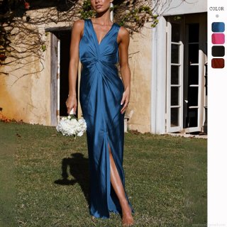Women Sexy Deep V Neck Sleeveless Backless Satin Maxi Dress Elegant Twist Front High Slit Ruched Evening Party Wedding Guest Long Gown