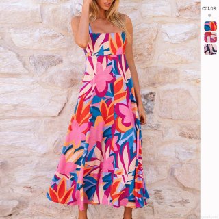 Women's Sexy Summer Vacation Floral Print Maxi Camisole Dress Elegant Backless Square Neck High Waist A-Line Boho Long Dress 100% Polyester Beachwear Party Dress