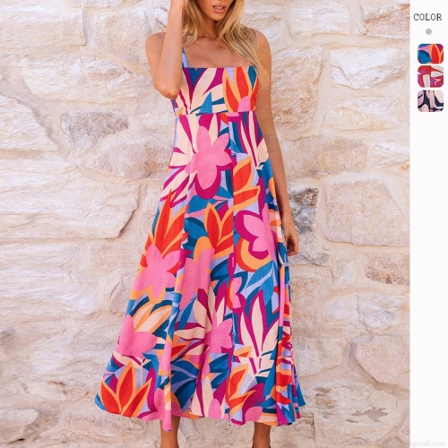 Women's Sexy Summer Vacation Floral Print Maxi Camisole Dress Elegant Backless Square Neck High Waist A-Line Boho Long Dress 100% Polyester Beachwear Party Dress