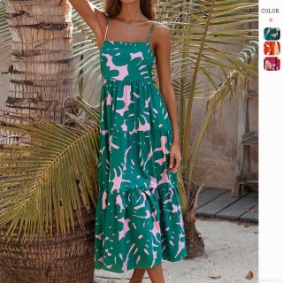 Women Summer Tropical Leaf Print Maxi Dress Polyester Backless Tiered A-Line Slip Dress Bohemian Resort Beachwear Vacation Long Gown