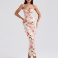 Elegant Floral Print Spaghetti Strap Maxi Dress For Women Sexy Corset Style Bodycon Summer Sundress Rose Printed Satin Fabric Evening Party Vacation Dress