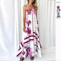Women's Bohemian Floral Print Maxi Dress Sleeveless Spaghetti Strap Square Neck Backless High Waist Summer Beach Vacation A-Line Long Dress