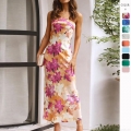 Elegant Strapless Backless Floral Print Satin Maxi Dress for Women - Slim Fit Ruched Evening Party Vacation Bodycon Long Gown