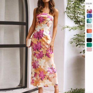 Elegant Strapless Backless Floral Print Satin Maxi Dress for Women - Slim Fit Ruched Evening Party Vacation Bodycon Long Gown