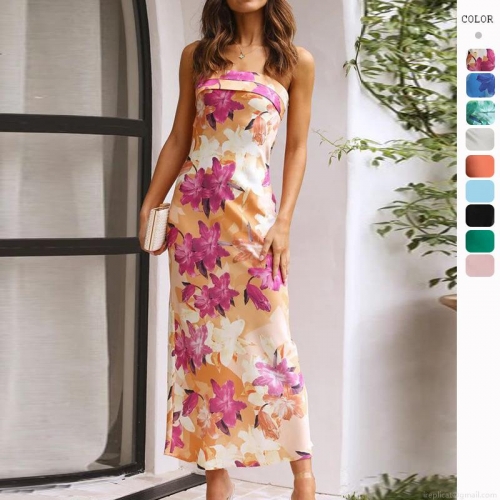 Elegant Strapless Backless Floral Print Satin Maxi Dress for Women - Slim Fit Ruched Evening Party Vacation Bodycon Long Gown